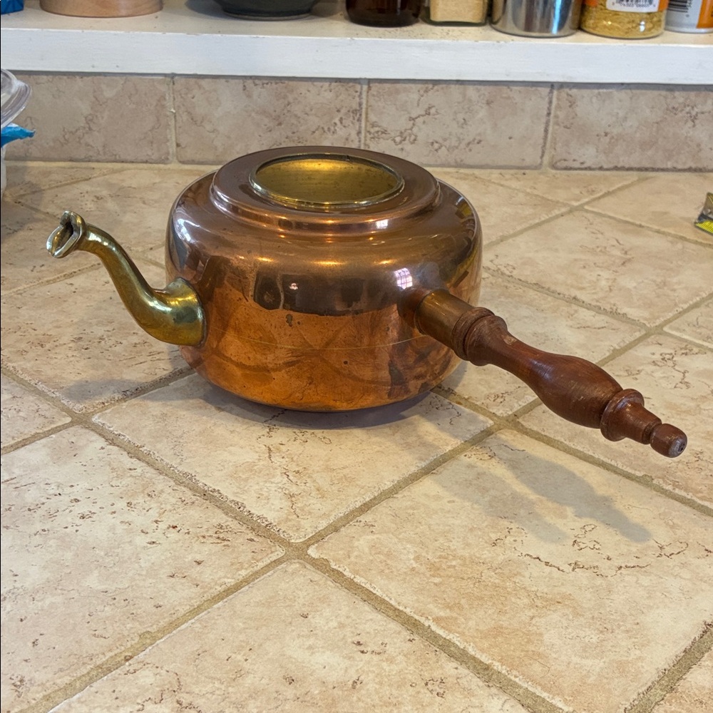 Vintage Copper and Brass Teapot Wooden side handle